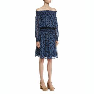 New! MICHAEL KORS Women's Petite Floral Metallic Smocked Off-Shoulder Dress Blue